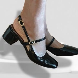 Italian Black Mary Jane Patent Leather Slingback Pump Heels